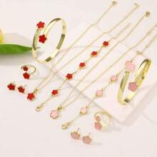 6 pezzi set di gioielli in lega a forma di foglie e quadrifogli per donne - bracciale, collana, orecchini a perno, ciondolo a fiore della fortuna