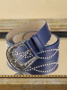 APLCSEY 1pc Women's Fashion Beaded Waist Belt, Versatile Rhinestone Metal Pattern, Gift For Valentine's Day, Holiday Outfit Accessory, Elegant Classic Fall, Autumn, Halloween - Blue - View 5