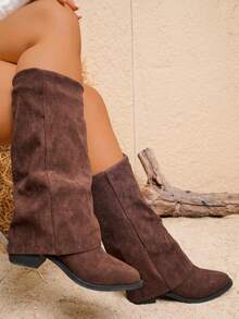 Fall/Winter 2025 Women's Fashion New Knee-High Boots, Stylish Pointed Toe Comfortable Thick Heel Brown Knee-High Boots, Fashionable Women's Western Cuff Boots, Multi-Function British Casual High Heel Riding Boots - Brown - View 3