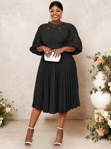 蕾丝褶皱连衣裙半灯笼袖镂空优雅中长款婚礼宾客、毕业典礼服装 - 黑色 - 查看 5