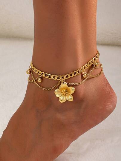1pc Vacation Style Line & Tassel Golden Flower Pendant Multilayer Anklet For Women