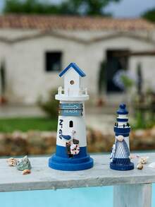 Cirelle 1PC13cm Marine Wooden Mini Lighthouse Mediterranean Wind Home Accessories Craft Gifts Marine Lighthouse Ornaments 5-Piece Lighthouse Birthday Graduation, Rama Table Decor, Garden Use, Housewarming Gift, High-End Cafe Supplies, B&B Decor, Summer Beach Vacation - Ocean Blue White - View 1
