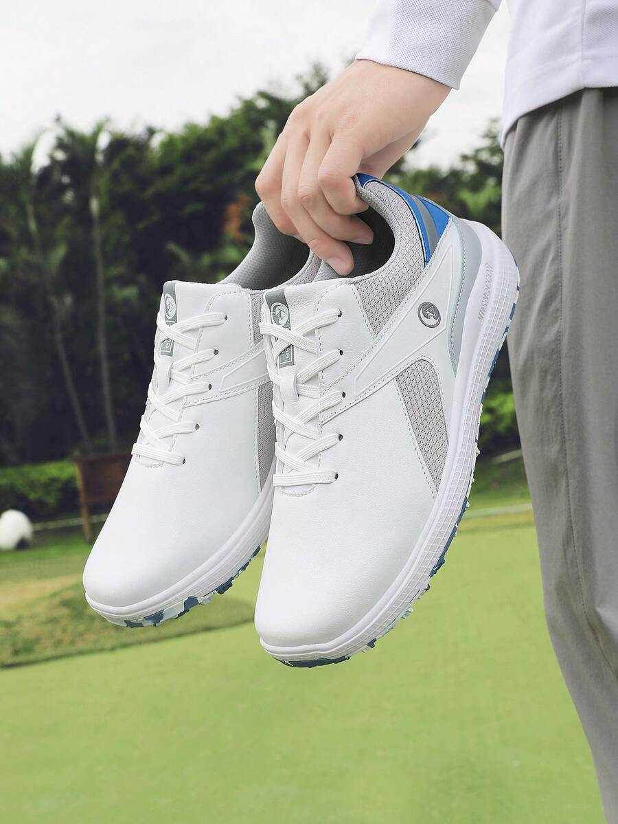 Zapatos de golf profesionales para hombres - Impermeables, antideslizantes, cómodos con parte superior de PU y suela de goma, forro de tela transpirable, cierre de cordones, color blanco y azul, adecuados para todas las estaciones, deportes al aire libre y actividades de golf, accesorios de golf