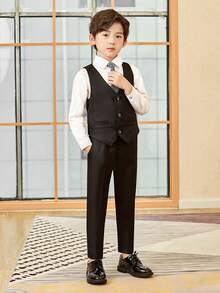 男孩新西裝套裝，花童婚禮服裝，表演服，英式男孩表演西裝三件套，含背心、長褲與領帶 - 黑色 - 查看 7
