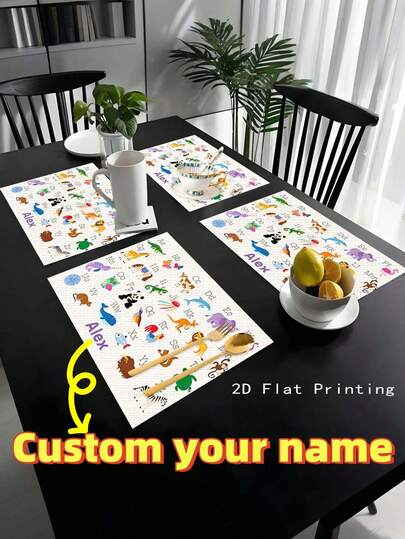 1pc Personalized Name Placemat With Cute Animal & Letter Design, ABC Desk Mat, Name Placemat, Laminated Placemat, Easy To Clean, Linen Material 32*42cm, Suitable For Dining Room, Living Room, Indoor