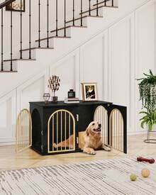 HaluPeit Dog Cage Furniture, 100cm Dog Crate For Home, 3 Doors, Arched Door, Modern Indoor Dog Crate For Dogs, Side Table, Heavy-Duty Dog Cage, 60 X 100 X 63 Cm, Black Gold - màu đen - Xem 2