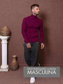 Blusa De Frio Cacharrel Masculina Gola Alta Tricô Suéter masculino slim Blusa térmica Blusa de frio - Fúcsia - Visão 6