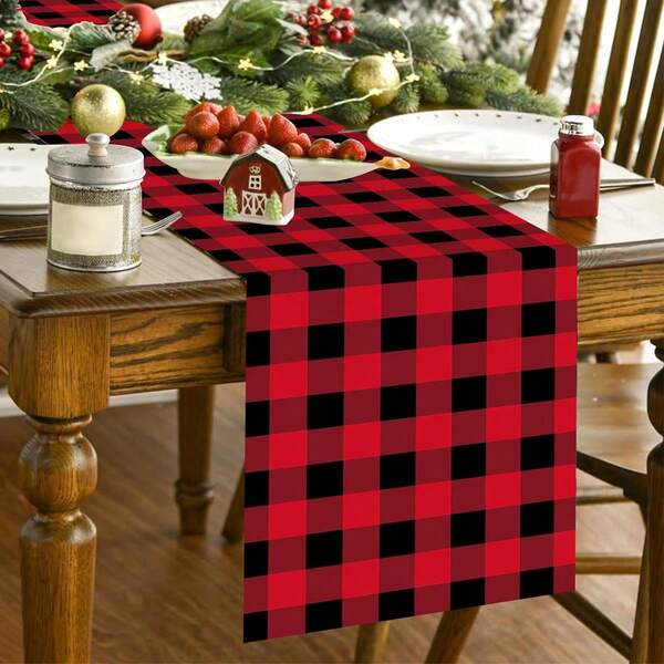 1pc/270pcs Christmas Table Runner, Red & Black Plaid Design, Polyester Material, 35x181cm, Winter Christmas Home Party Gathering, Restaurant & Living Room Table Centerpiece Decor, Indoor & Outdoor Dining Table Decoration, Room Decor, Home Decor, Kitchen, Decorative Style, Kitchen Decor, Room Decor Accessories, Christmas Decoration, Living Room Decor