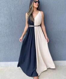 Women's Long Dress, Classic And Sophisticated - 黑色/米色 - 查看 2