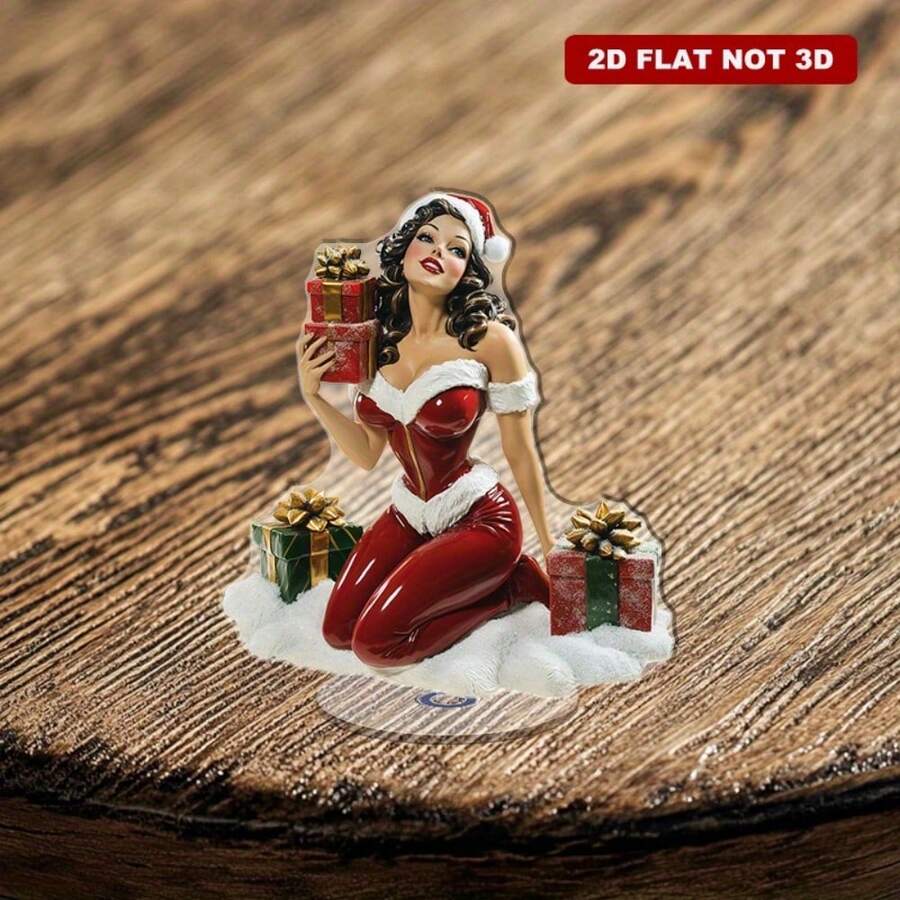 2D Rotating Acrylic Desktop Decor - Plump Female Figure In Santa Costume With Gifts, White Fur Blanket And Faux Snow Base, Holiday Decoration Suitable For Living Room, Bedroom, Kitchen, Christmas Home Decor, Christmas Gift