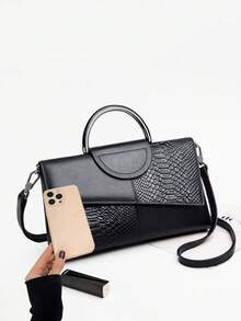 Túi đeo chéo da PU sang trọng, Túi xách nữ thời trang đa năng, Ví cầm tay họa tiết cá sấu cá tính - Đen và trắng - Xem 4