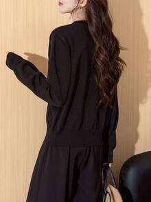 Alicedudu 女士秋冬优雅简约V领二合一毛衣开衫 - 黑色 - 查看 2