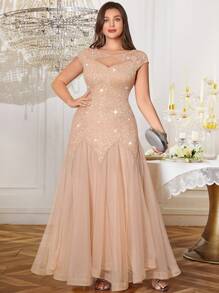 优雅亮片花卉蕾丝撞色网纱荷叶边下摆长裙，适合晚宴、返校舞会、婚礼宾客、生日、毕业典礼等场合。 - 香檳色 - 查看 10