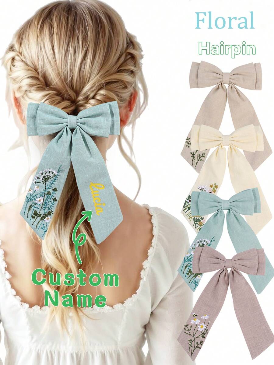 1 件定制花卉蝴蝶结印花名字刺绣涤纶丝带蝴蝶结发夹，适合女孩个性化名字发饰蝴蝶结花朵刺绣蝴蝶结优雅蝴蝶结刺绣发夹，适合日常发饰礼物（返校）