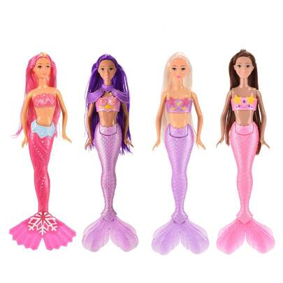 Sjöjungfrudocka med färgglad fantasifrisyr och huvudbonad, med sjöstjärnformad korsett och mjukrosa sjöjungfrusvans, lämplig som födelsedagspresent till flickor i åldern 3-8 år