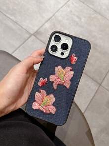 1pc Creative Minimalist Lily Flower & Butterfly Denim Anti-Drop Embroidered Phone Case Compatible With Apple Xs/Xsmax/Xr/11/12/13/14/14plus/15/15plus/16Pro/16Promax, S25Ultra, Compatible With OPPO, Compatible With Redmi Note14 Waterproof Shockproof Scratch Resistant,International Version, Not The Domestic Version - Multicolor - View 2