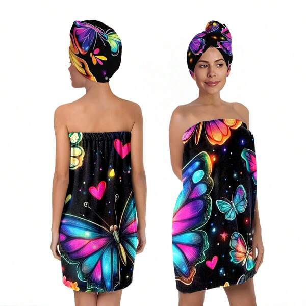 Set de 2 piezas de falda de baño y gorro de ducha para mujer con estampado de mariposa, súper suave y ajustable - Bata multifuncional y vestido toalla, adecuado para ducha, spa, sauna y playa - Disponible en varios colores