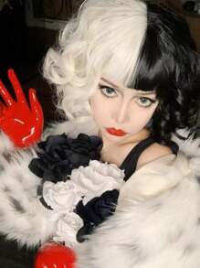 1pc/Ladies' Fashion Black And White Yin-Yang Curly Wig, Medium Length, Very Suitable For All Kinds Of Costume Role-Playing.,Halloween