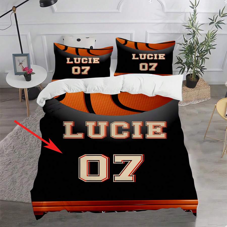3PCS Customized Duvet Cover, Customized Basketball Pattern Duvet Cover, Personalized Name Customization, Digital Duvet Cover, Polyester Fabric, Digital Printing, Boys' Exclusive Bedding,The Fabric Is 90g Fabric - Multicolor - View 1