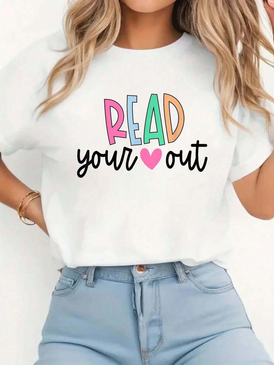 100% Cotton Read Your Heart Out Cute For Teacher Women Love Reading Book T-Shirt Men's Women's Soft Breathable Tee Classic Fashion Summer Tops - 白色 - 查看 1