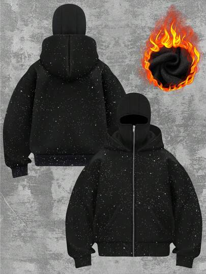 Women's Fashion Sparkling Silver Ballack Street Hip-Hop Double-Layer Hooded Sweatshirt Cardigan