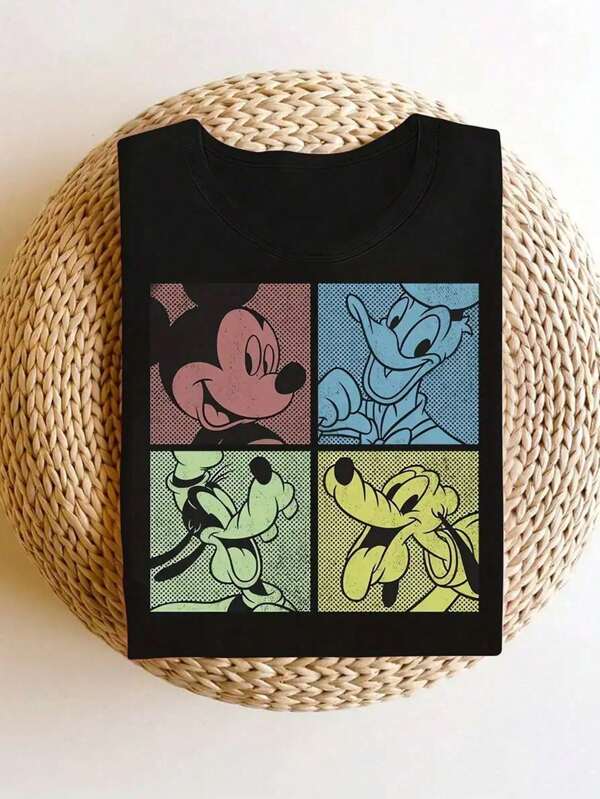 Disney Cartoon Image Short Sleeve Round Neck T-Shirt, Casual And Fashionable Short Sleeve T-Shirt, Micro-Elastic, Opaque, Easy-Care Material, Ideal For Everyday Wear, Women's T-Shirt