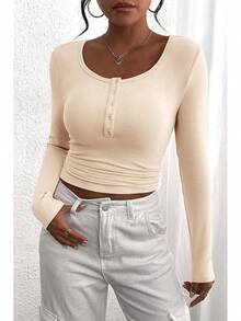 Women's 2025 Fall Long Sleeve Henley Shirts Button Ribbed Knit Casual Basic Tops Blouse - 米色 - 查看 4