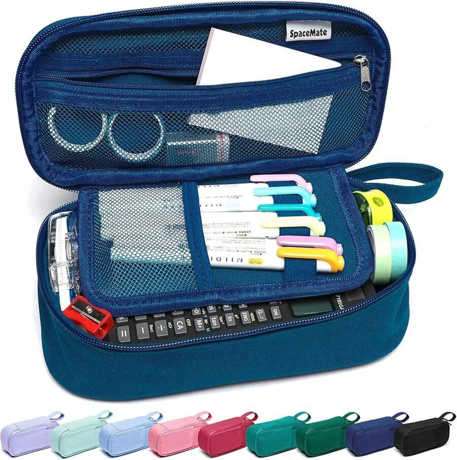 Estuche para lápices, bolsa, caja, suministros escolares para niñas y niños, cosas lindas y preppy, organizador de bolígrafos estético de gran capacidad, papelería de regreso a la universidad, morado, lona de alta resistencia, 1800ml - Azul medianoche - Ver 1