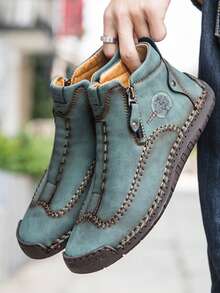 Men's Business Casual Shoes Outdoor Ankle Boots Soft Leather Comfortable Handmade Stitched Boots Flat Shoes, Autumn/Winter - Black - View 4