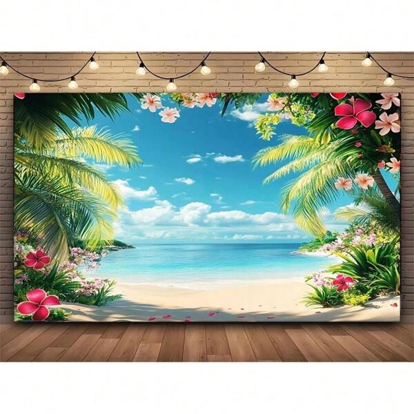 1 Piece, Tropical Seaside Background, Summer Beach Hawaii Island Palm Tree Photography Background, Photo Background, Video Wall Background, Hanging Cloth, Party Banner, Party Photo Background, Party Supplies