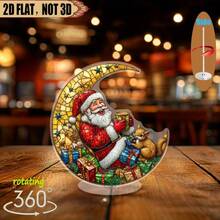 2D Rotating Acrylic Decor - Colorful Santa Claus On Golden Moon With Playful Squirrel, 360° Rotating Holiday Decoration, Suitable For Home Gatherings, Holiday Displays, Gift Choice, Christmas Gifts, Christmas Decorations