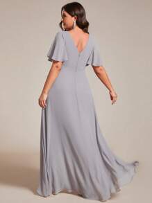 EVERPRETTY Plus Size V-Neck Asymmetrical Ruffle Hem Bridesmaid Dress Gray Formal Dresses For Fall Wedding Party