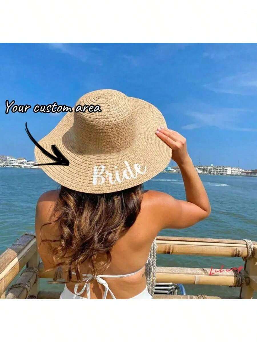 1. 个性化沙滩帽，定制沙滩派对帽，单身派对/告别单身派对帽，泳池沙滩婚礼装饰帽，定制刺绣帽，刺绣帽檐，防晒遮阳沙滩帽，百搭时尚字母遮阳帽，可定制绣上您的姓名或标志，适合作为送给朋友/女友/新娘的礼物，生日礼物，女士发饰 - 彩色 - 查看 1