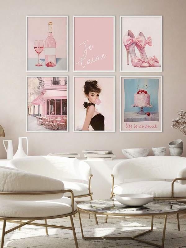 1 PC Chic Girly Canvas Art Print Elegant Fashion Wine Poster Romantic Parisian Painting Pink French Romantic Wall Picture Stylish Girls Room Wall Decoration Dormitory Decor Unframed