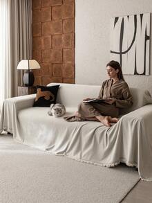 1 pieza Funda de sofá de chenilla beige con flecos, diseño resistente a arañazos para mascotas, lavable a máquina, antideslizante, adecuado para sala de estar, dormitorio, oficina, decoración del hogar, se ajusta a sofás de 1/2/3/4 plazas (disponible en varios tamaños), decoración de otoño - Beis - Ver 5