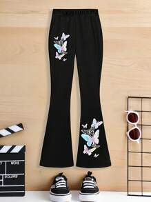 Girls' Casual Elastic Flare Pants, Black Geometric & Butterfly Print Straight Leg Knit Trousers, Children Fashion Elegant Pants - Black - View 3