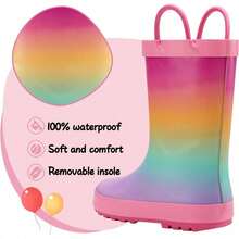 Kids Rain Boots Waterproof Printed Rubber Boots With Handles - Pink Rainbow - View 4