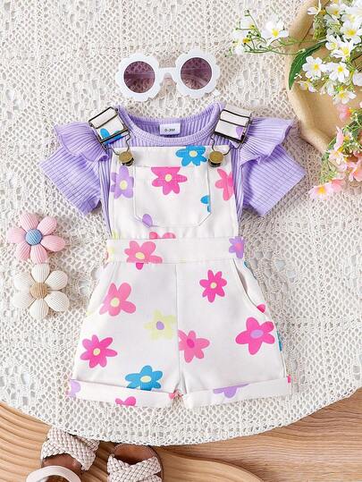 2 Pieces/Set Of Cute Short Sleeved Jumpsuit And Baby Girl Work Pants, Summer Set, Lightweight And Colorful Print, Suitable For Children's Daily Play