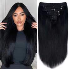 Bộ 8 kẹp tóc giả thẳng làm từ tóc thật Remy - Màu đen tự nhiên - Có sẵn kích thước 10-28 inch - Toàn đầu dành cho nữ - Kẹp tóc bền lâu - Natural Black - Xem 2