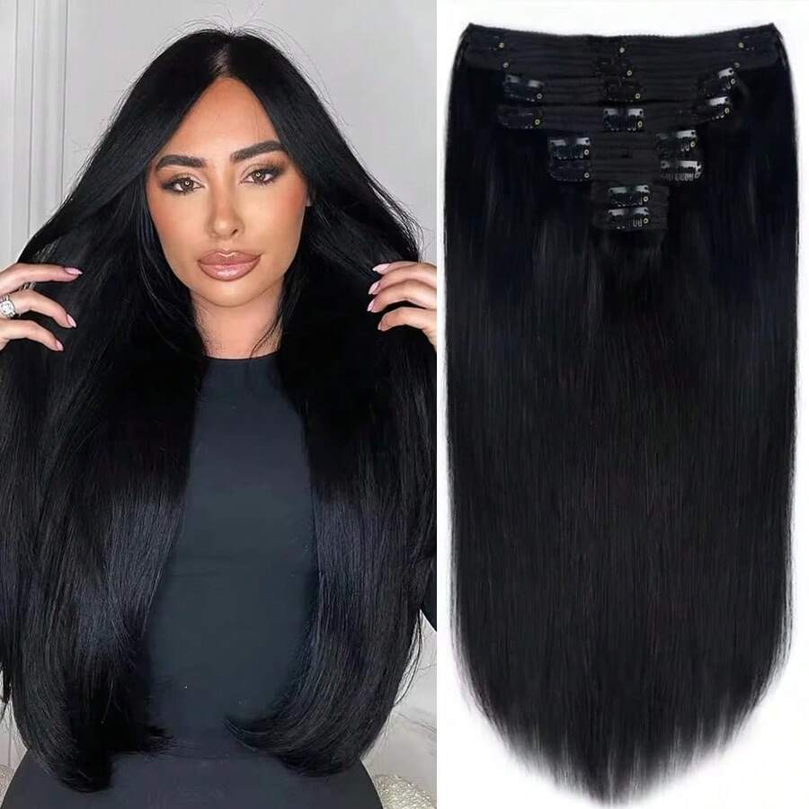Bộ 8 kẹp tóc giả thẳng làm từ tóc thật Remy - Màu đen tự nhiên - Có sẵn kích thước 10-28 inch - Toàn đầu dành cho nữ - Kẹp tóc bền lâu