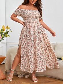 Vestido con hombros descubiertos, vestidos de talla grande para mujer,fruncido y abertura floral en estampado