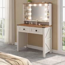 EnHomee Vanity Desk With Mirror And Lights,31 Inch Make Up Vanity With Charging Station,Dressing Table Makeup Desk With 2 Drawers,3 Color Modes Adjustable Brightness - 白色 - 查看 8