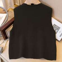 复古小金属纽扣圆领针织背心，宽松百搭，柔软舒适，适合秋冬季叠穿，黑色 - 黑色 - 查看 4