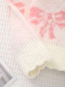 Girls' Knitted Round Neck Pink Bow Pattern Sweater, Soft & Comfortable Fabric, Versatile For Winter - Pink - View 3