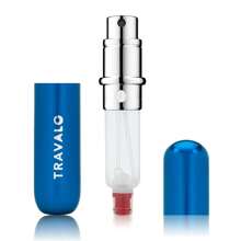 Atomizador de perfume HD clásico Travalo a prueba de fugas y aprobado por TSA para viajes aéreos, rociador de bomba de aire fácil de llenar, diseño ligero y elegante con volumen en ventana azul de 0.17oz