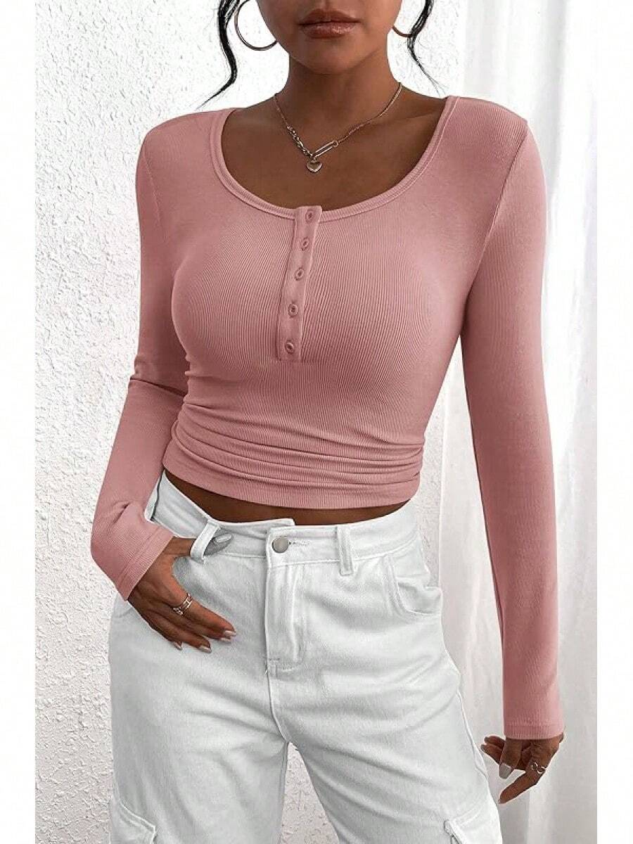 Women's 2026 Fall Long Sleeve Henley T Shirts Button Ribbed Knit Slim Fit Basic Tops Blouse Casual Outfits/Vacation Outfits Women/Valentine Outfits For Women - 藕粉色 - 查看 1