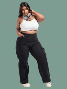 Wide Leg Cargo Plus Size Tailored Pants Women's High Waist, Women's Wide Leg Formal Pants Plus Size Wide Leg Cargo Tailored Premium Plus Size High Waist Formal Plus Size High Waist Casual Fashion Work Evening Large Sizes 46 To 56 - màu đen - Xem 4