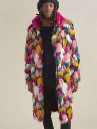 Fluffig herrkappa, Färgblock, Regnbågsfärger, Djärv & Rik, Personlig, Flerfärgat mönster, Ljus krage, Slaglängd, Med fickor, Lämplig för höst/vinter, Passar för högtidsfester, Resor, Utomhus, Dagligt bruk, 1 st syntetisk rävpälskappa