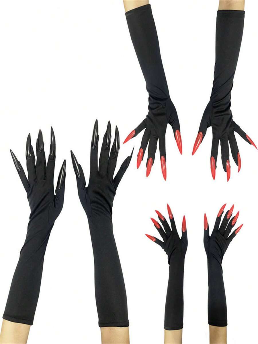 1 Pair Halloween Cosplay Witch Long Fingernail Gloves, Horror Decor Props Costume Accessories