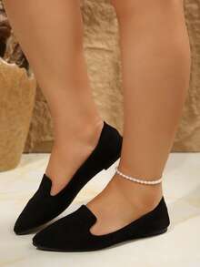 新款时尚黑色宽楦平底鞋，尺码 36-43，女士休闲舒适一脚蹬鞋，春秋季款 - 黑色絨面+米里 - 查看 5